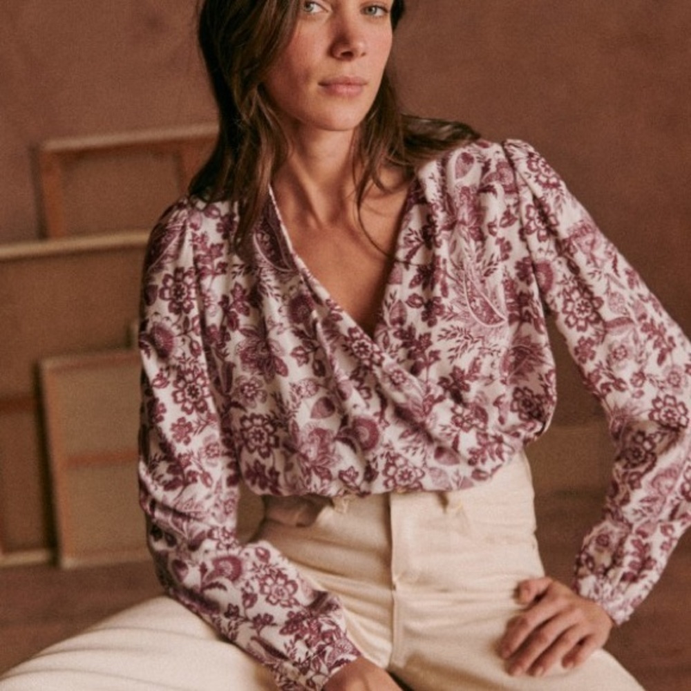 Sezane Abelia Blouse Ghalia Ecru Purple Wrap Top Size 32 French US 0 Long Sleeve